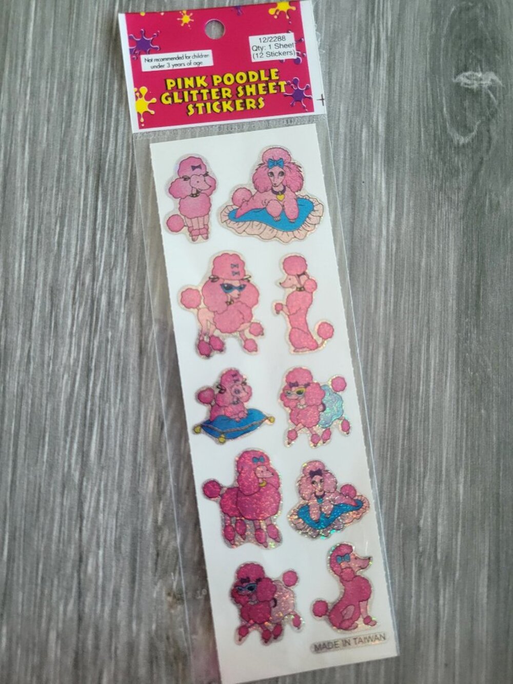 VINTAGE PINK POODLE GLITTER SHEET STICKERS DOG 1980S MADE IN TAIWAN UNBRANDED